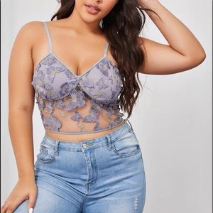 Plus Size Butterfly Appliqué Embroidered Mesh Bralette